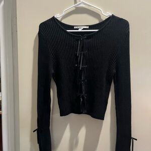 Kimchi Blue Black Ribbed Blouse with Bow Accents